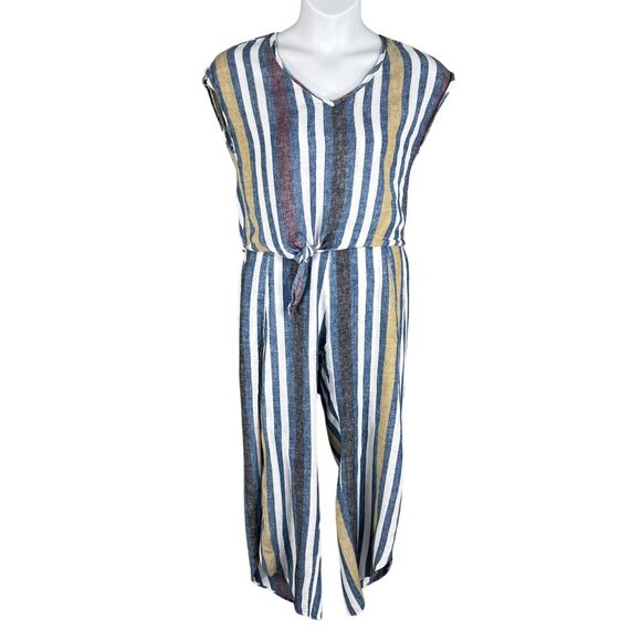 Drew Womens S Striped Linen Blend 2 Piece Set Crop Top Faux Wrap Pants Lagenlook - Picture 1 of 16